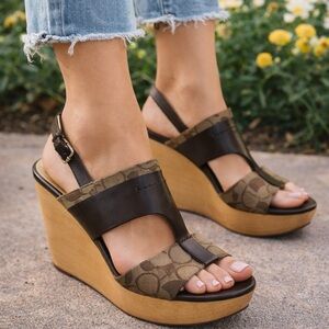 Coach Brown and Tan Signature Canvas Wedge Sandals
